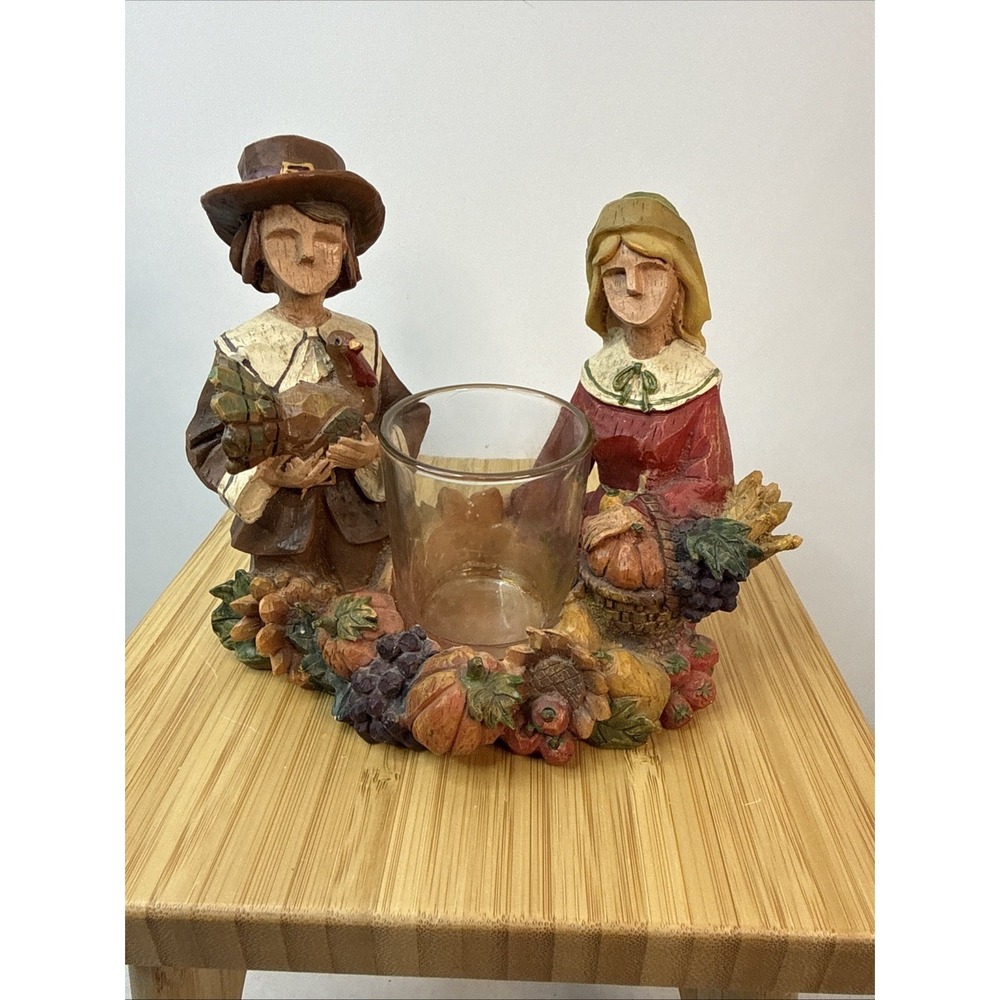 Pilgrim Figurine Centerpiece & Votive Candle Holder Resin Thanksgiving Rustic